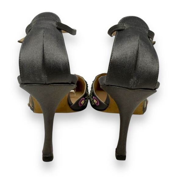 Manolo Blahnik Carolyne Vintage Gray Embroider Floral Slingback Kitten Heel 40.5 - Picture 5 of 13